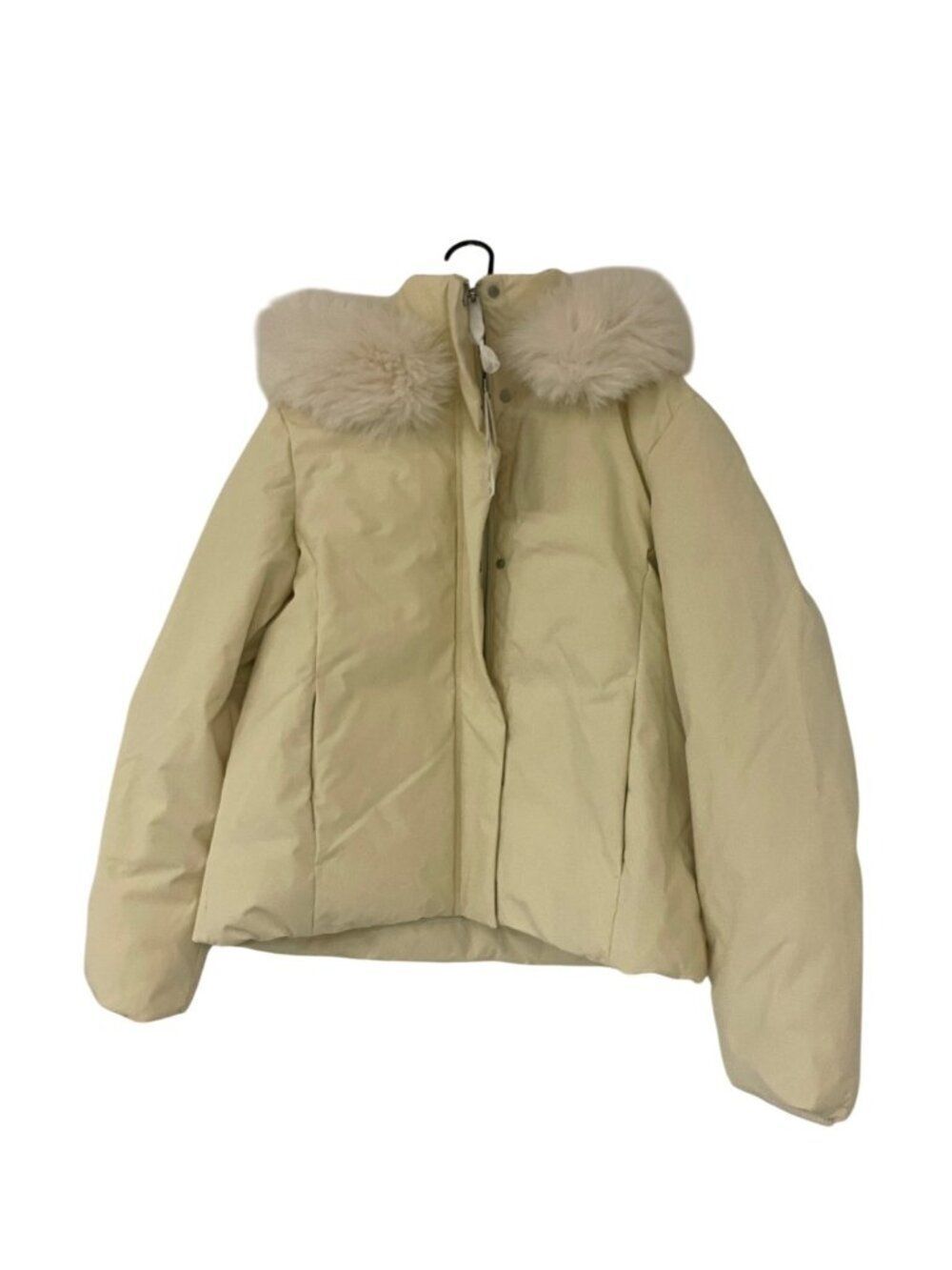 Zara Womens Down Coat Jacket Large L Ecru Quilted Hooded Faux Fur 7627/244 NWT